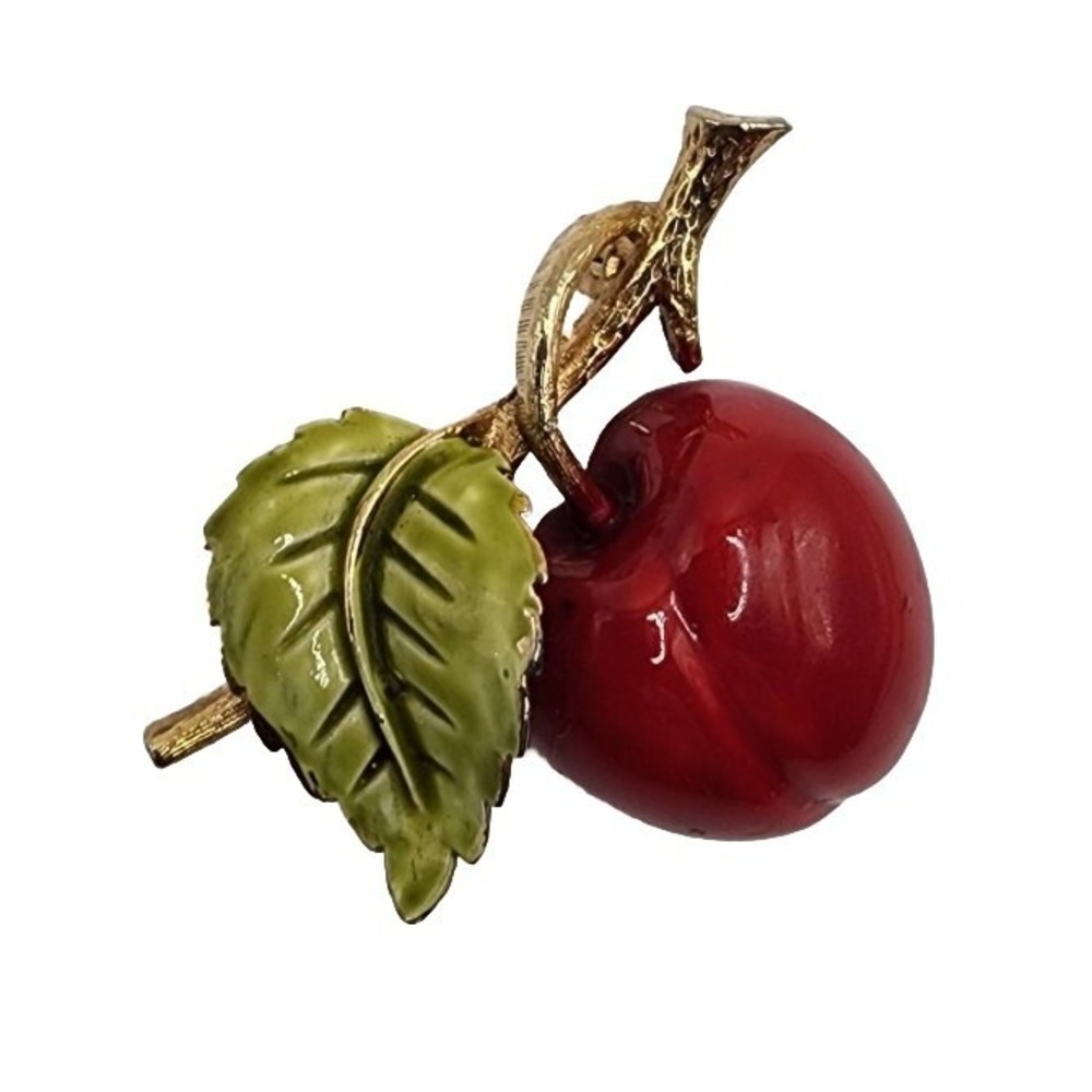 Red Cherry Brooch Retro Gold Tone Enamel Fruit Berry Mid Century Pin Green Leaf
